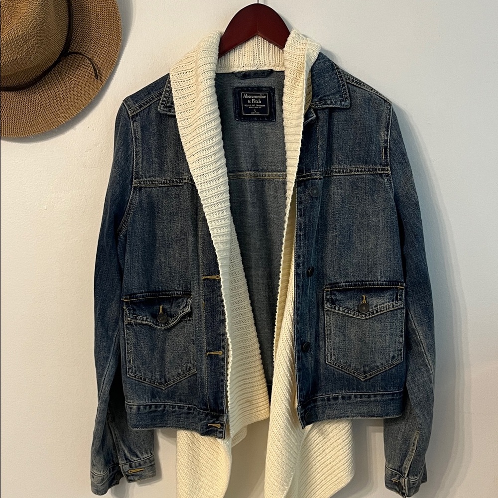 Abercrombie & Fitch Blue Denim Jacket with Cream Knit Shawl